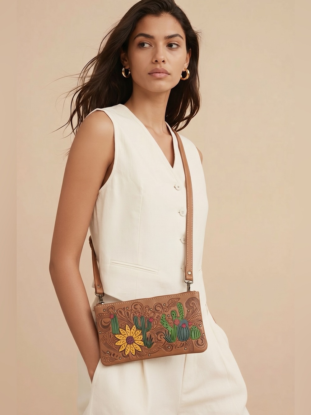 Justin Western Cactus Pattern Women’s Crossbody Wristlet Bag Brown New W Tag